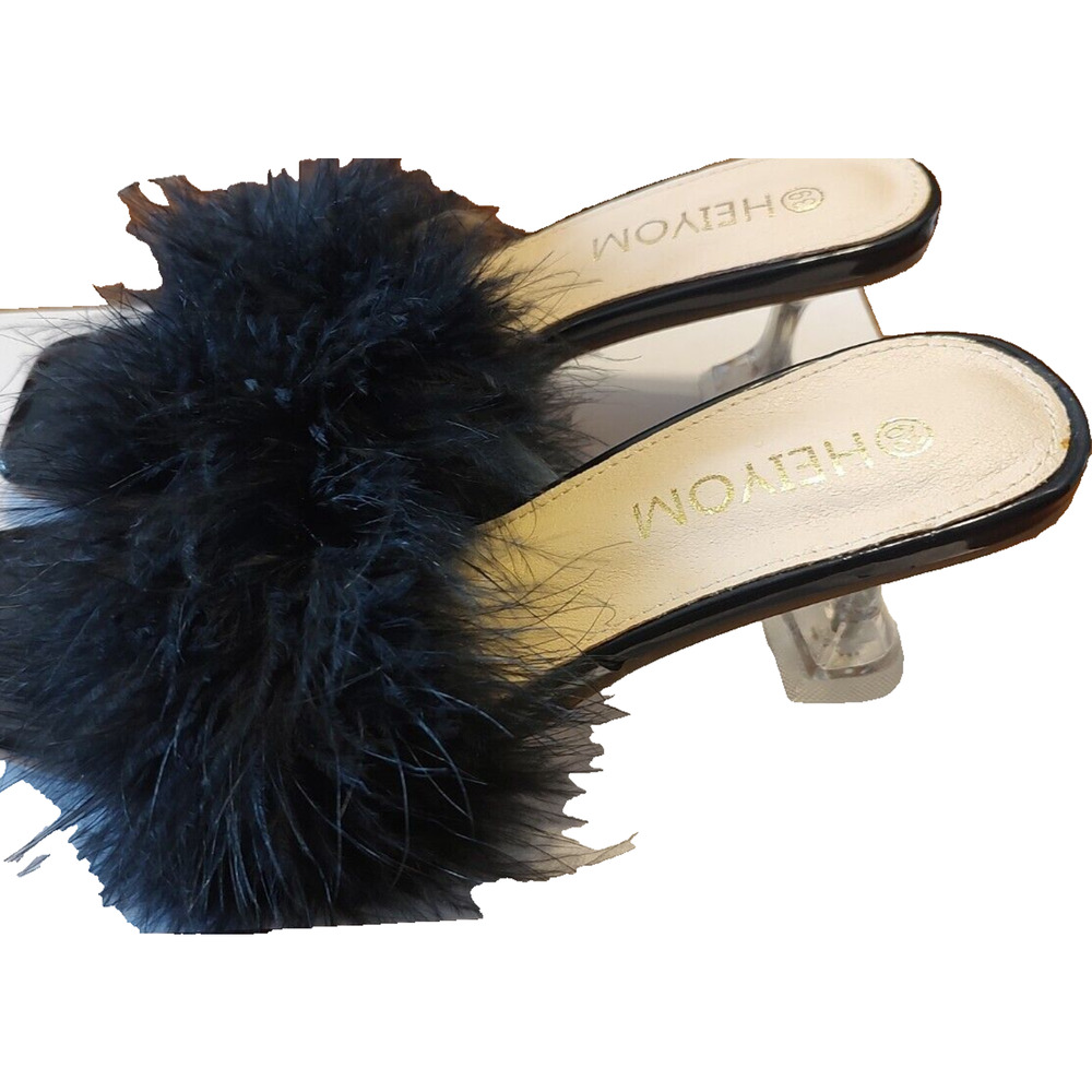 HEIYOM Square Toe Mules Sandals Fluffy Feather Slip On Size 39 US 8 NEW
